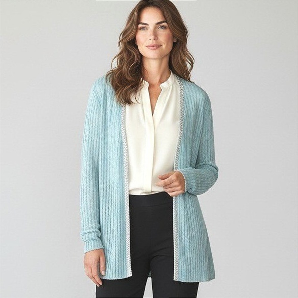 St John Evening Marie Gray Blue Knit Cardigan Sequin Trim Jacket Sz 12 USA Vtg‎